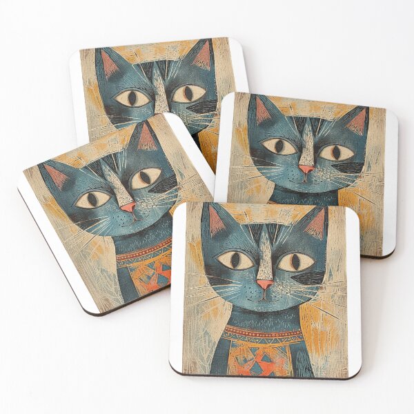 Item preview, Blue Cat Portrait Blockprint 3 designed and sold by SparroCreative.