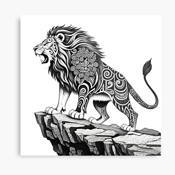Item preview, Fierce Lion on a Cliff - Intricate Black Ink Artwork designed and sold by TrickyBaka.