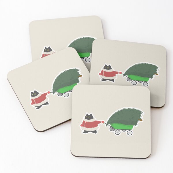 Item preview, Cute chubby black santa cat bringing Christmas tree home designed and sold by CiniArt.