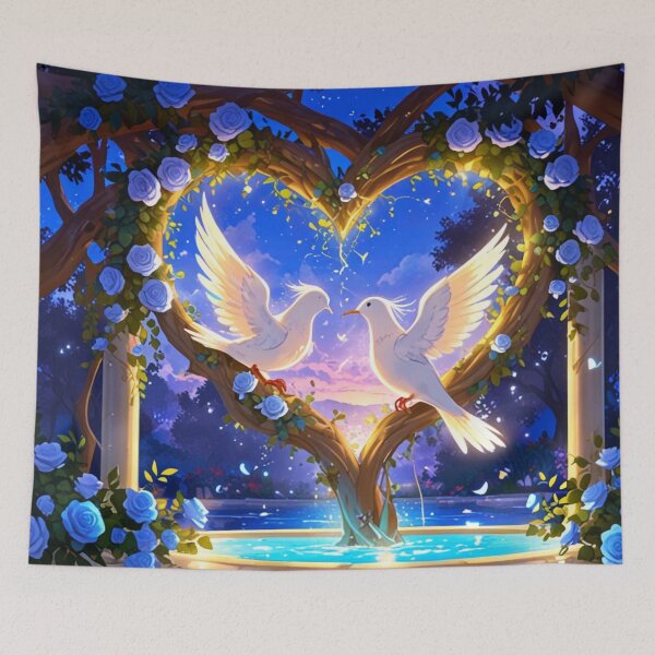 Item preview, White birds and blue roses. designed and sold by PatDoArt.