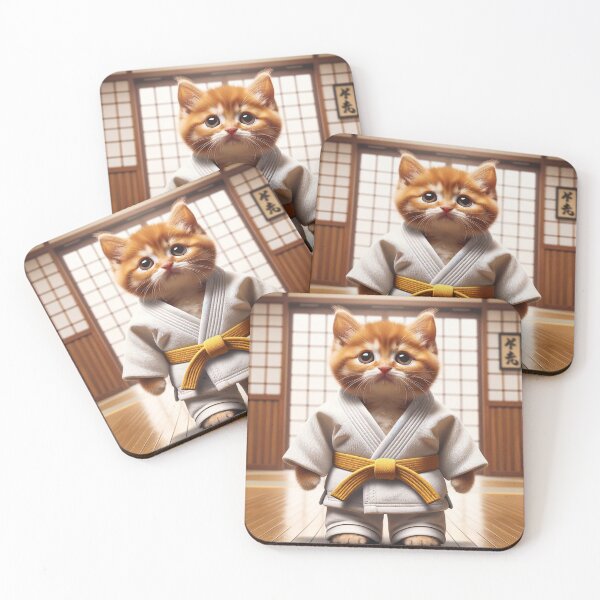 Item preview, Playful Ginger Cat Wearing Judo Clothes Holding a Miniature Black Belt in a Bright Studio designed and sold by AlwaysHome.