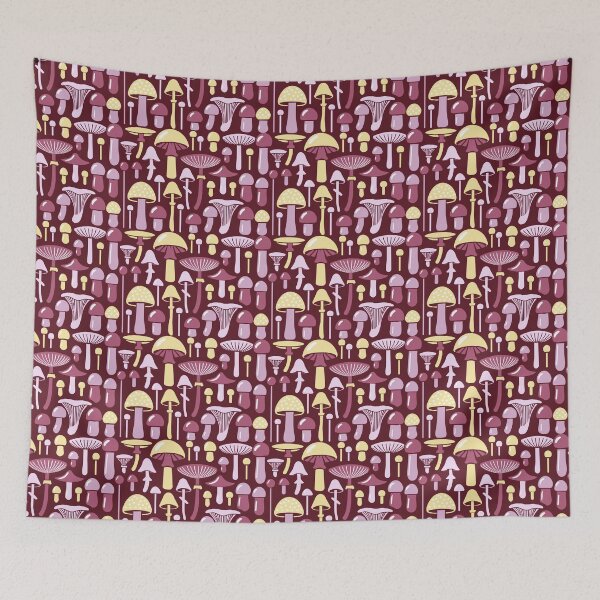 Aperçu de l'œuvre Mushroom Couture : Motif Champignons Multicolores sur Fond Rouge Bordeaux créée et vendue par IraNiva.