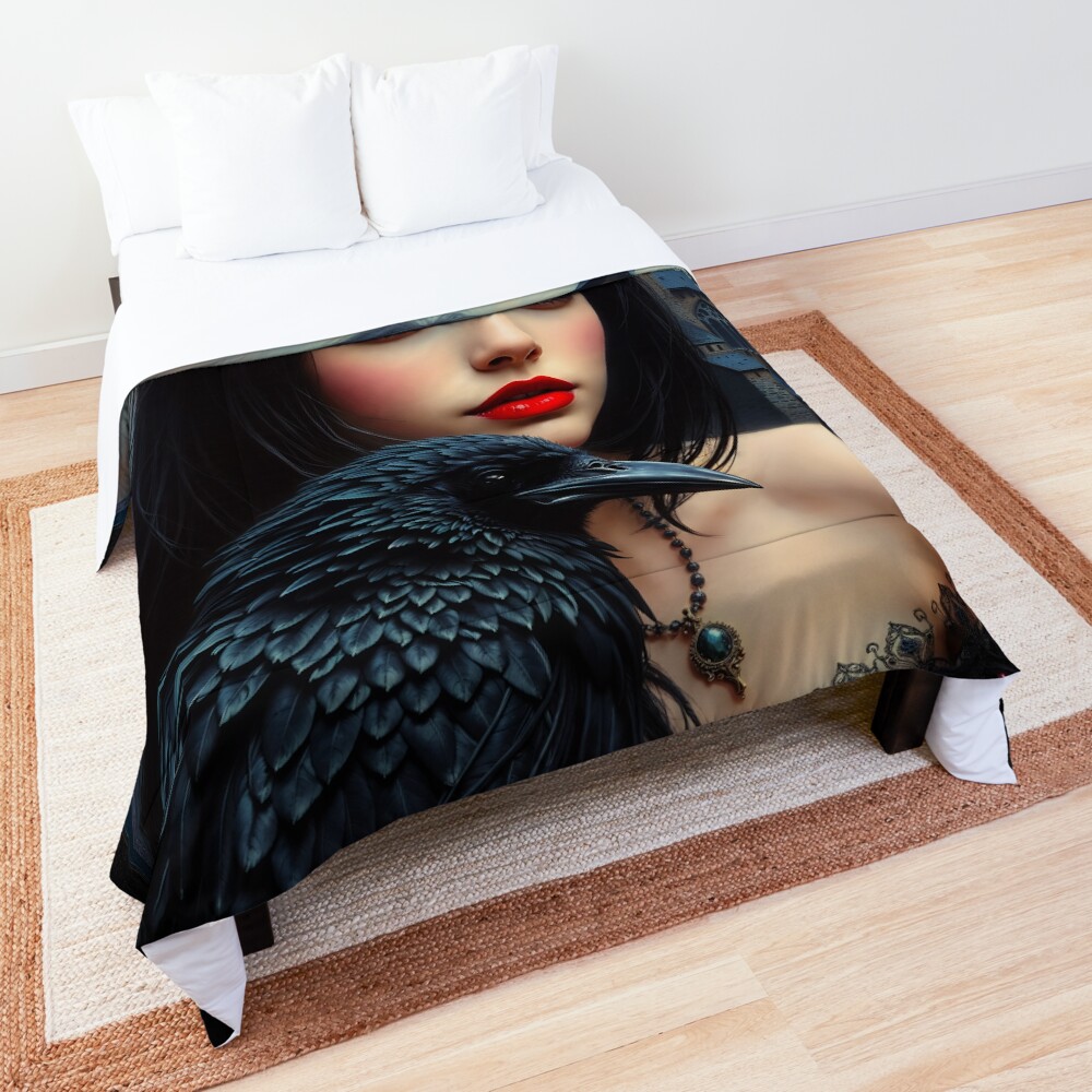 Gothic Beauty Of A Girl And Her Raven Amidst Medieval Castle Alluring AI Concept Art by Xzendor7 Decorative Art Print Throw Pillow