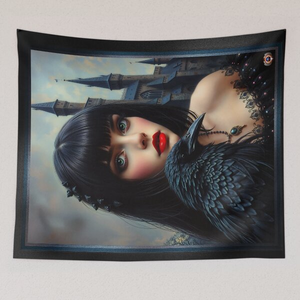 Item preview, Gothic Beauty Of A Girl And Her Raven Amidst Medieval Castle Alluring AI Concept Art by Xzendor7 designed and sold by Xzendor7 Digital Art Creations.