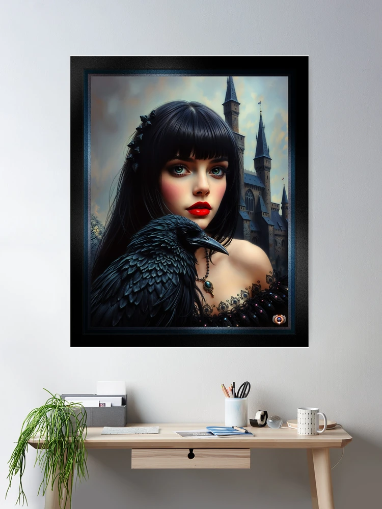 Gothic Beauty Of A Girl And Her Raven Amidst Medieval Castle Alluring AI Concept Art by Xzendor7 Wall Decor Poster Art Print