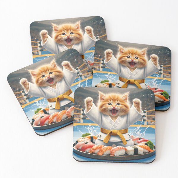 Item preview, Ginger Cat in Judo Outfit Sitting Proudly Next to a Trophy on a Podium designed and sold by AlwaysHome.