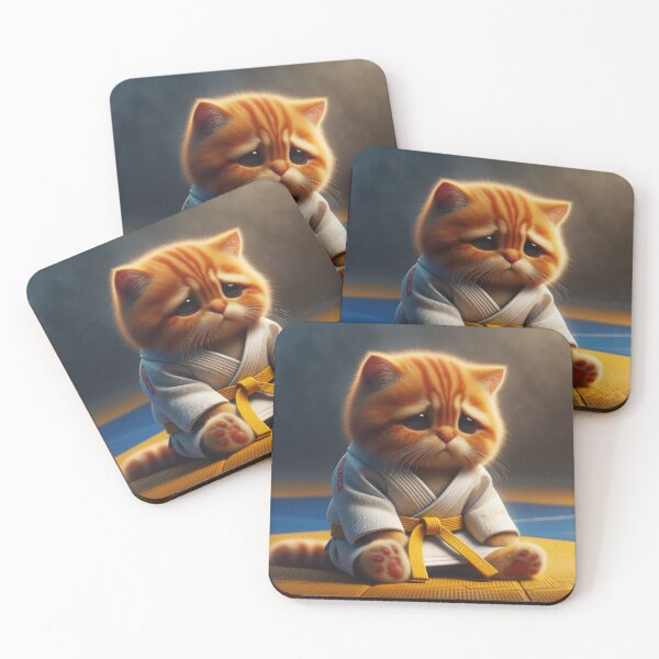 Item preview, Playful Ginger Cat Wearing Judo Clothes Holding a Miniature Black Belt in a Bright Studio designed and sold by AlwaysHome.