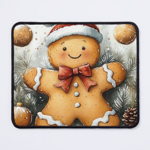 Item preview, Smiling gingerbread man wearing Santa hat and red bowtie surrounded by festive decorations, including pine branches, pinecones, and golden Christmas ornaments, perfect for holiday celebrations. designed and sold by MystiS.