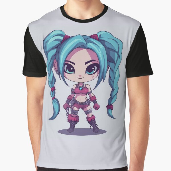 Vista previa del artículo con la obra «Arcane con cabello trenzado de color azul brillante, atuendo punk, top corto, pantalones cortos y botas. Expresión juguetona pero traviesa, con un aspecto atrevido y rebelde.», diseñado y vendido por MystiS.