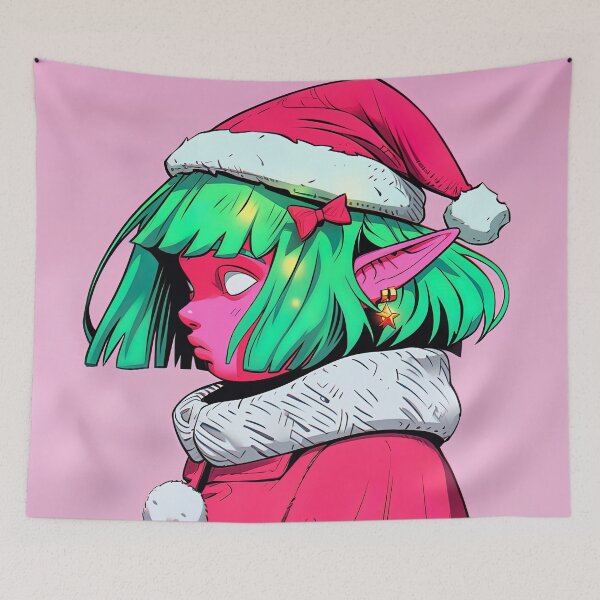 Item preview, Green and Pink Christmas Elf Anime Girl designed and sold by bubblegoth.
