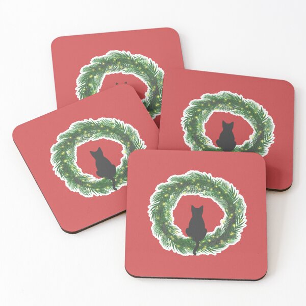 Item preview, Cute black cat sitting on an evergreen Christmas wreath with lights designed and sold by CiniArt.