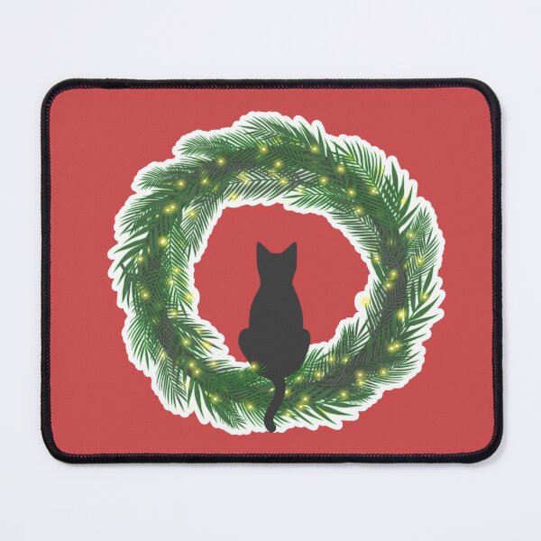 Item preview, Cute black cat sitting on an evergreen Christmas wreath with lights designed and sold by CiniArt.
