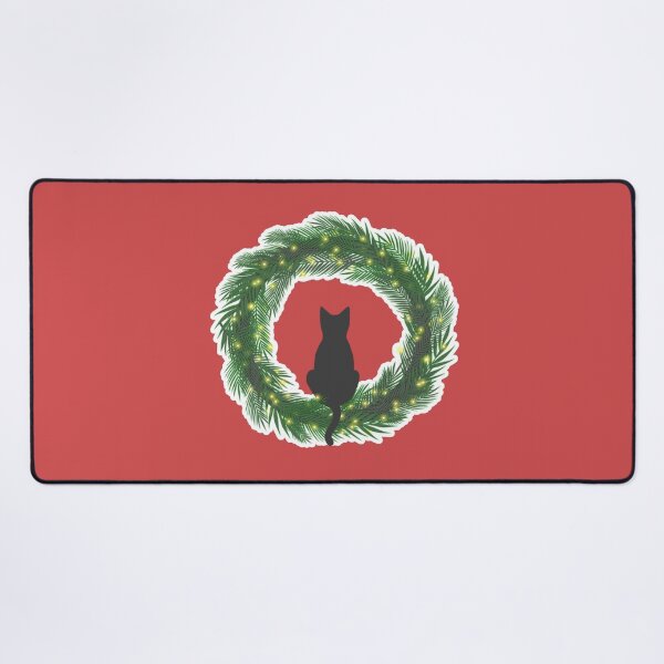 Item preview, Cute black cat sitting on an evergreen Christmas wreath with lights designed and sold by CiniArt.