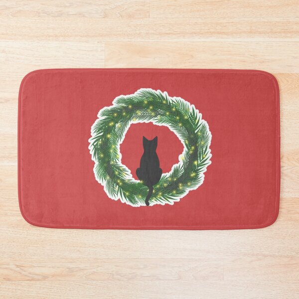 Item preview, Cute black cat sitting on an evergreen Christmas wreath with lights designed and sold by CiniArt.