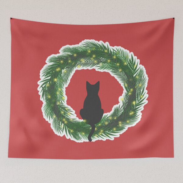 Item preview, Cute black cat sitting on an evergreen Christmas wreath with lights designed and sold by CiniArt.
