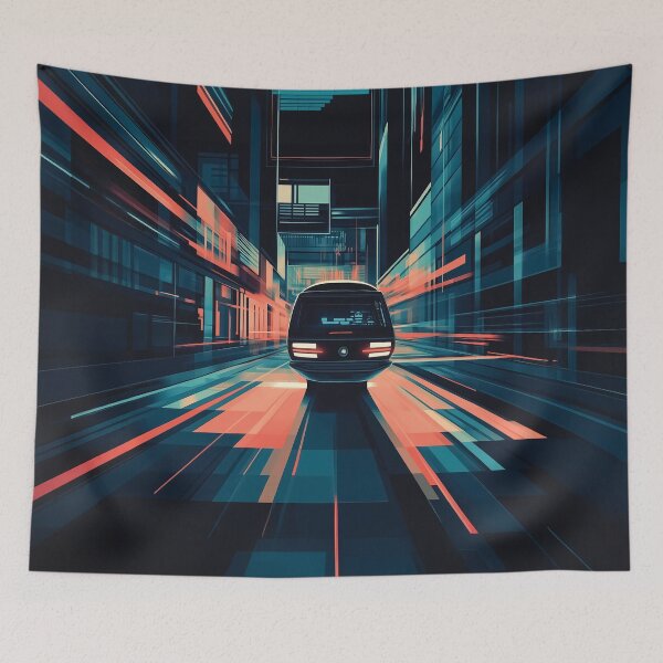 Item preview, A design of a sleek, futuristic vehicle speeding through a modern urban environment.  designed and sold by HEMRO.