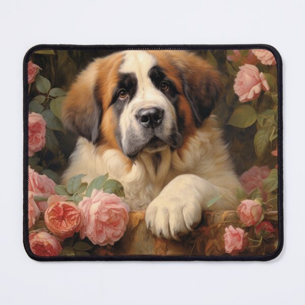 Item preview, Saint Bernard dog puppy in secret garden, retro vintage art style designed and sold by WallyPink.