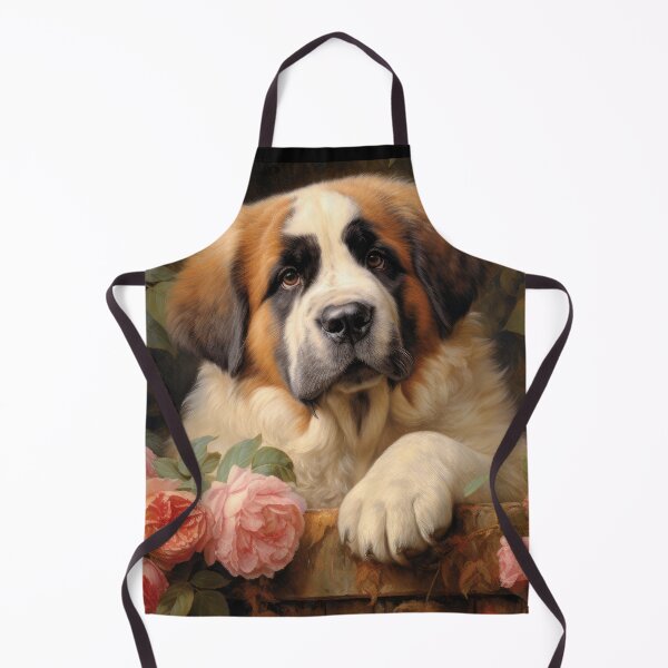 Item preview, Saint Bernard dog puppy in secret garden, retro vintage art style designed and sold by WallyPink.