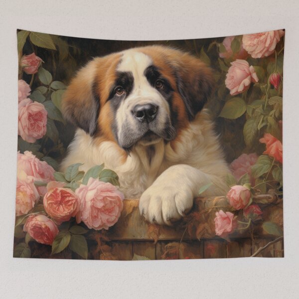 Item preview, Saint Bernard dog puppy in secret garden, retro vintage art style designed and sold by WallyPink.