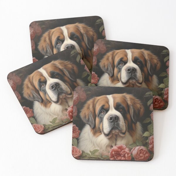 Item preview, Saint Bernard dog puppy in secret garden, retro vintage art style designed and sold by WallyPink.