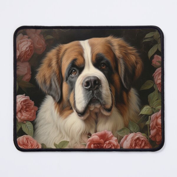 Item preview, Saint Bernard dog puppy in secret garden, retro vintage art style designed and sold by WallyPink.
