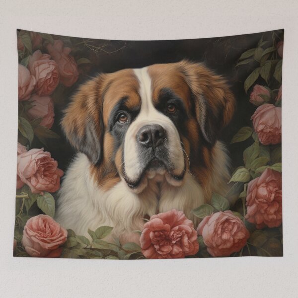 Item preview, Saint Bernard dog puppy in secret garden, retro vintage art style designed and sold by WallyPink.