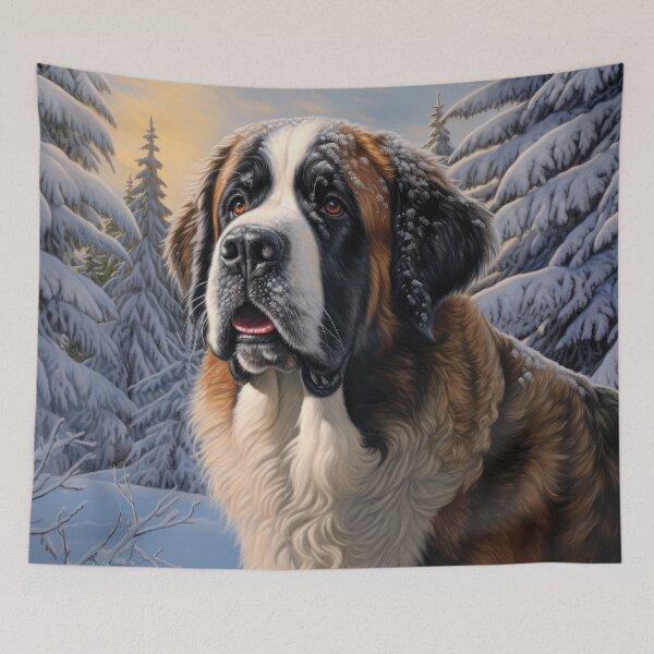 Item preview, Saint Bernard dog in winter,snow, Christmas retro vintage art style designed and sold by WallyPink.