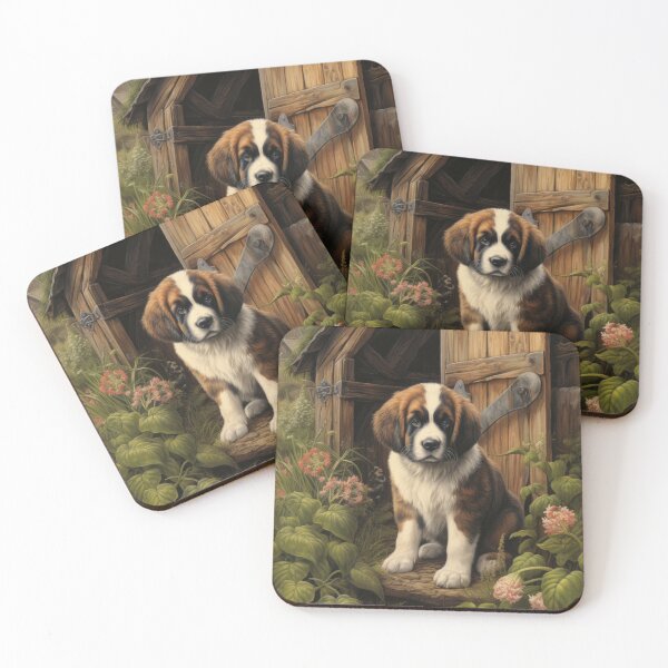 Item preview, cute Saint Bernard puppy dog in garden with flowers designed and sold by WallyPink.