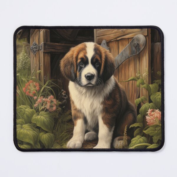 Item preview, cute Saint Bernard puppy dog in garden with flowers designed and sold by WallyPink.