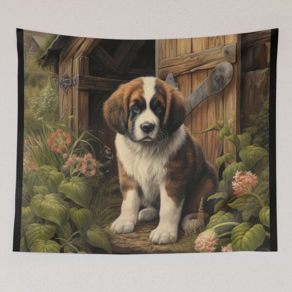 Item preview, cute Saint Bernard puppy dog in garden with flowers designed and sold by WallyPink.