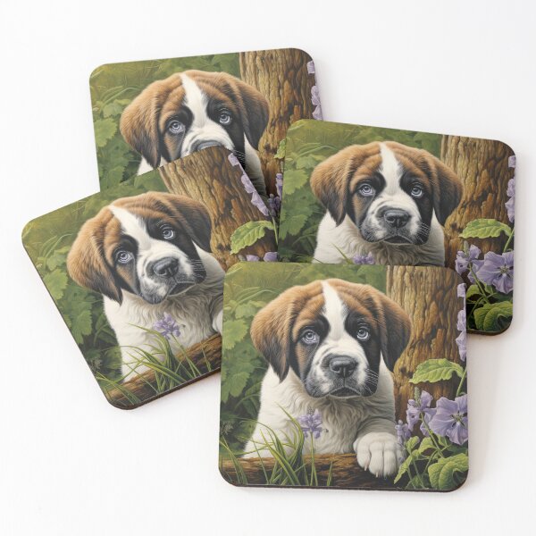 Item preview, cute Saint Bernard puppy dog in garden with flowers designed and sold by WallyPink.