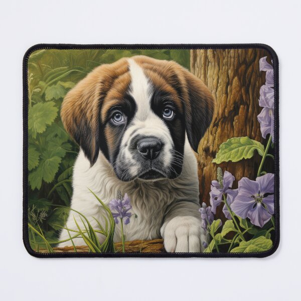 Item preview, cute Saint Bernard puppy dog in garden with flowers designed and sold by WallyPink.