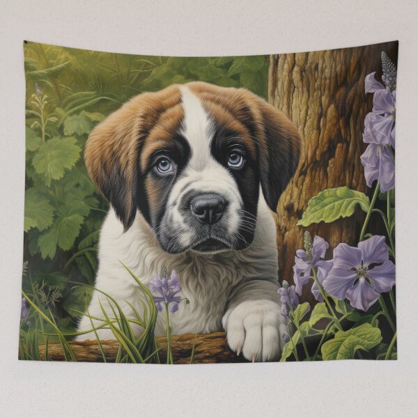 Item preview, cute Saint Bernard puppy dog in garden with flowers designed and sold by WallyPink.