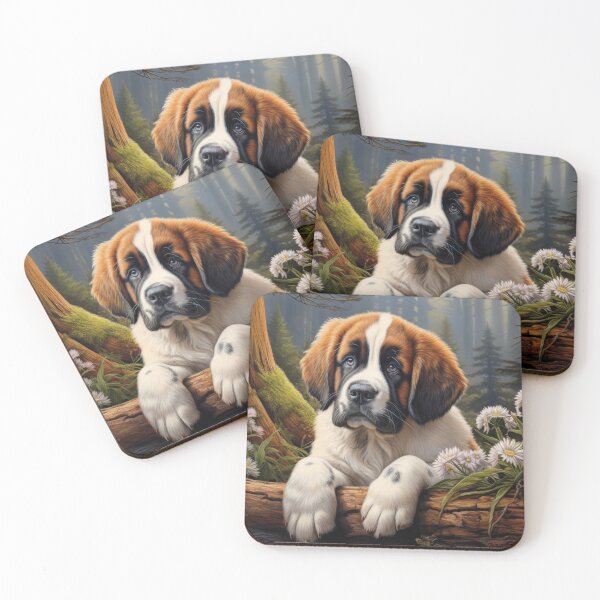 Item preview, cute Saint Bernard puppy dog in garden with flowers designed and sold by WallyPink.
