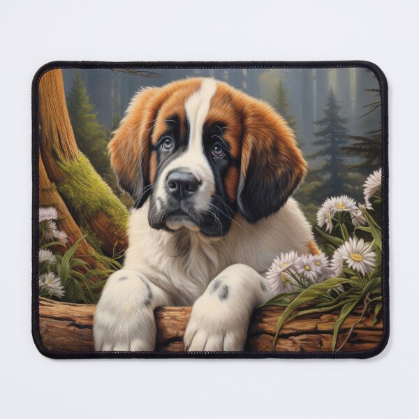 Item preview, cute Saint Bernard puppy dog in garden with flowers designed and sold by WallyPink.