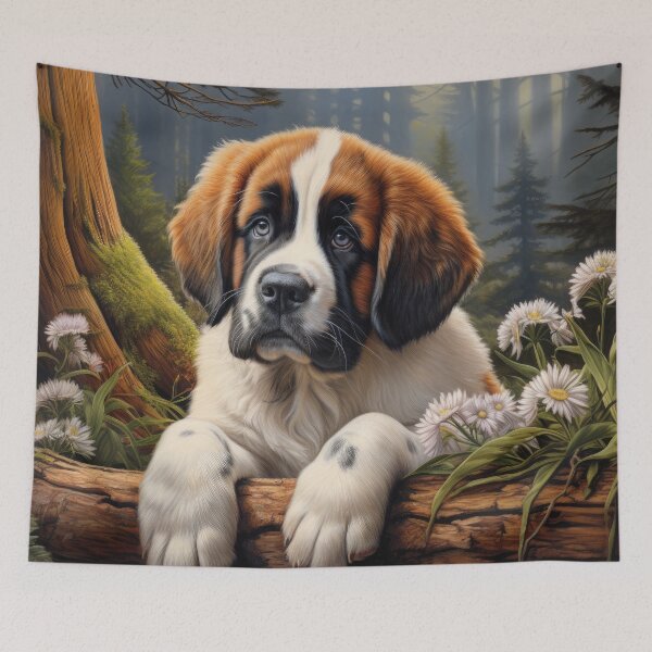 Item preview, cute Saint Bernard puppy dog in garden with flowers designed and sold by WallyPink.