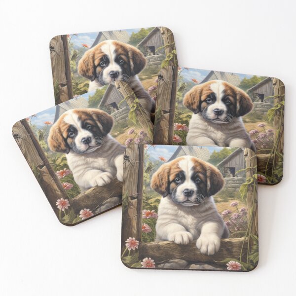 Item preview, cute Saint Bernard puppy dog in garden with flowers designed and sold by WallyPink.