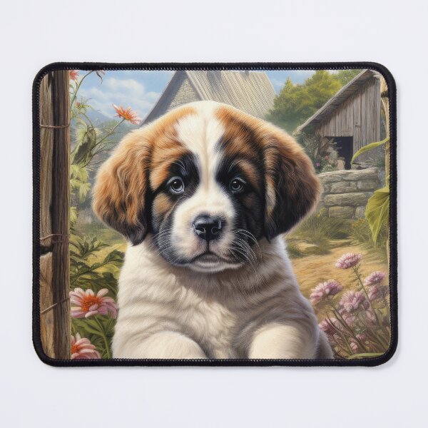 Item preview, cute Saint Bernard puppy dog in garden with flowers designed and sold by WallyPink.