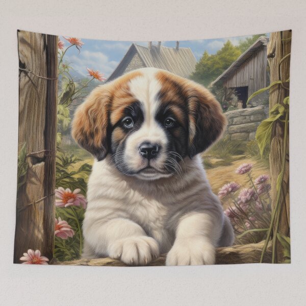 Item preview, cute Saint Bernard puppy dog in garden with flowers designed and sold by WallyPink.