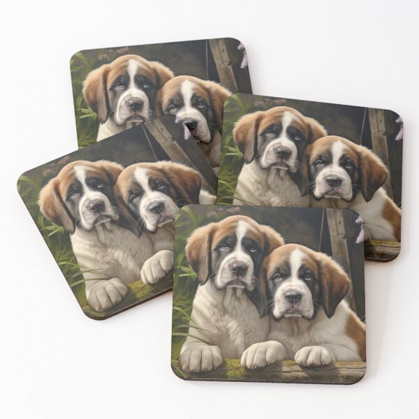 Item preview, two cute Saint Bernard puppy dog in garden with flowers designed and sold by WallyPink.
