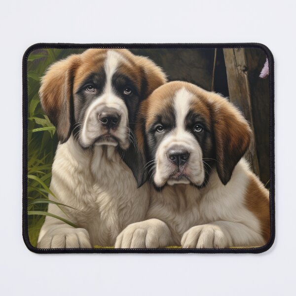 Item preview, two cute Saint Bernard puppy dog in garden with flowers designed and sold by WallyPink.