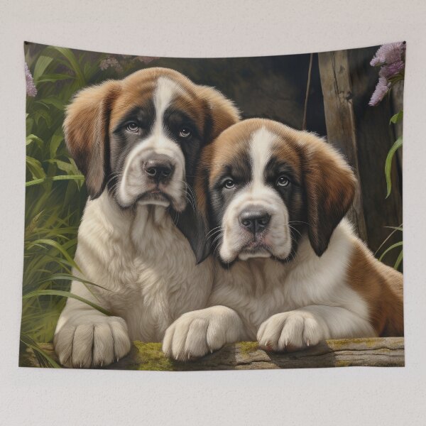 Item preview, two cute Saint Bernard puppy dog in garden with flowers designed and sold by WallyPink.