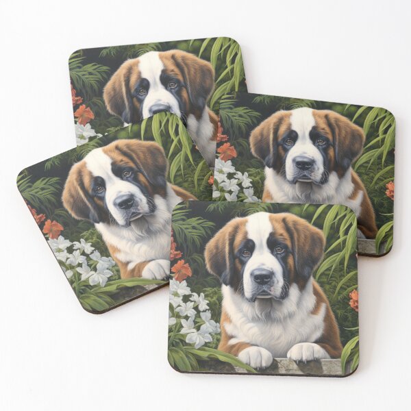 Item preview,  cute Saint Bernard puppy dog in garden with flowers designed and sold by WallyPink.