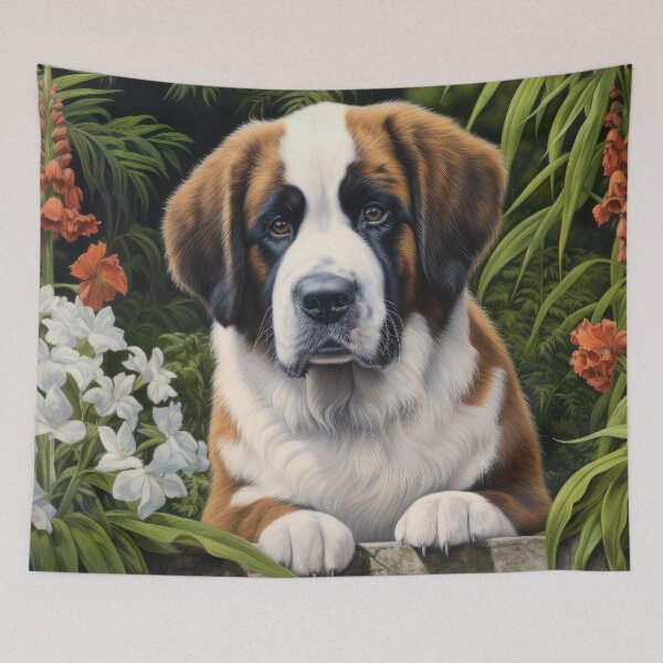 Item preview,  cute Saint Bernard puppy dog in garden with flowers designed and sold by WallyPink.