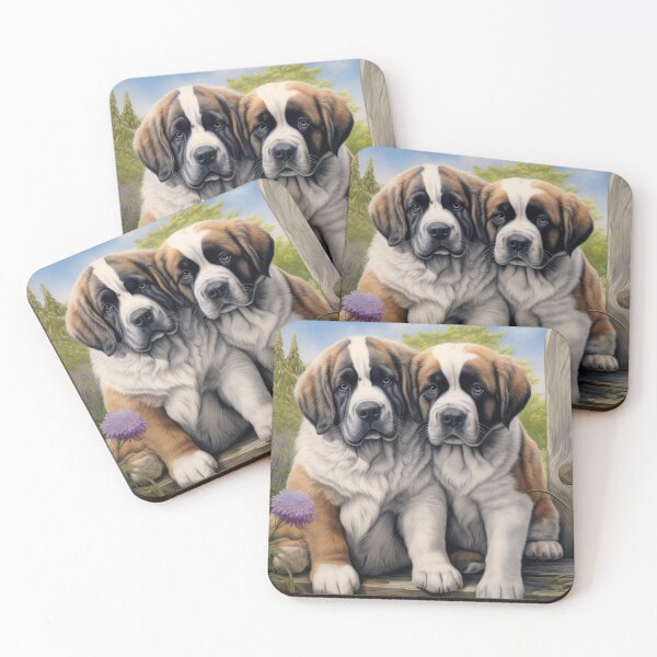 Item preview, two cute Saint Bernard puppy dog in garden with flowers designed and sold by WallyPink.