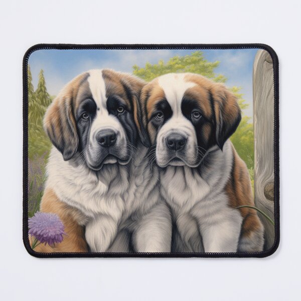 Item preview, two cute Saint Bernard puppy dog in garden with flowers designed and sold by WallyPink.