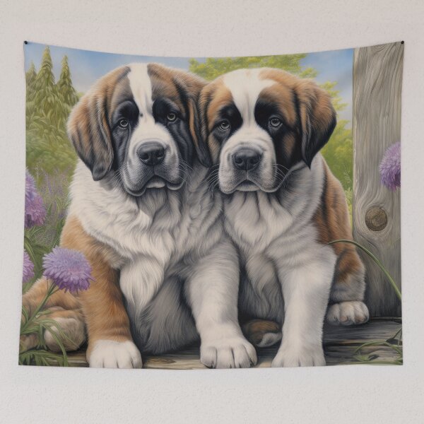 Item preview, two cute Saint Bernard puppy dog in garden with flowers designed and sold by WallyPink.