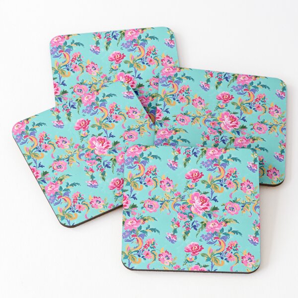 Item preview, Preppy pink French roses and scrolls on turquoise designed and sold by SophieClimaArt.