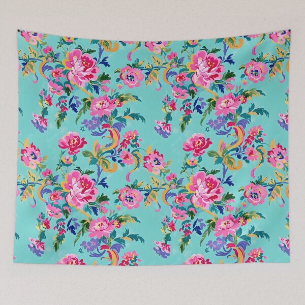 Item preview, Preppy pink French roses and scrolls on turquoise designed and sold by SophieClimaArt.