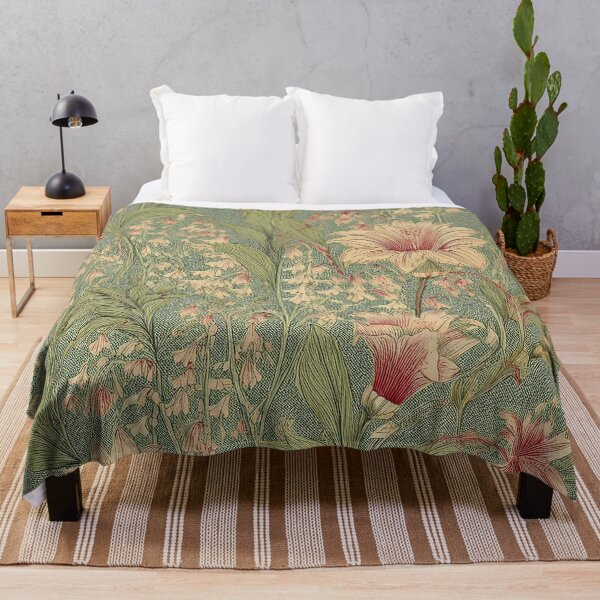 Item preview, William Morris Inspired Floral Pattern, Botanical Design, Vintage Flowers, Nature Art, Home Decor, Wall Art, Gifts, Hand-Drawn Illustration, Antique Style, Lily and Bell Flowers, Green and Red Palette designed and sold by Kina-design.